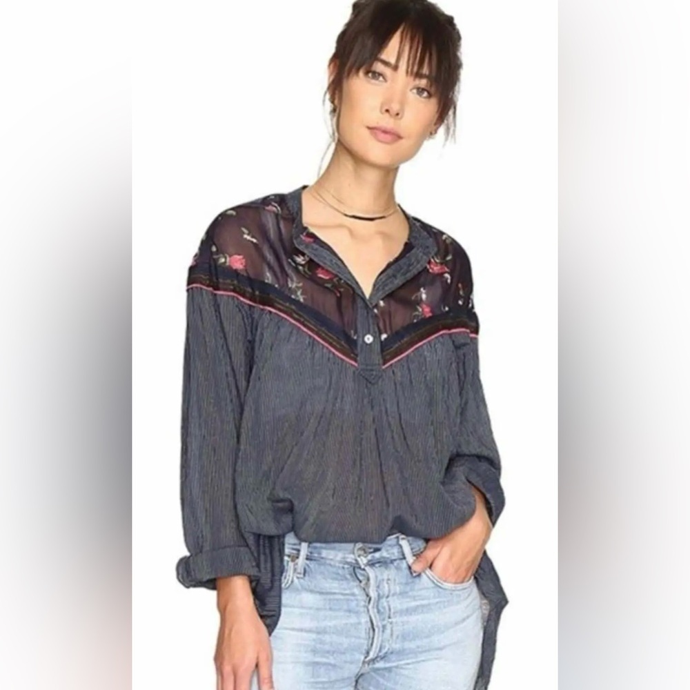 NWOT Free People Hearts & Colors Top Blouse Size XS Navy Blue $98